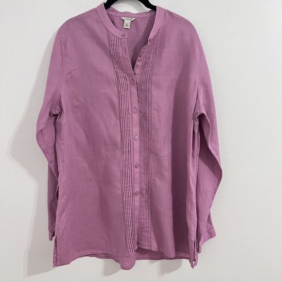 L.L Bean Pink 100% Linen Button Up Top Size L Minimalist Pleated Front Peasant - Picture 1 of 7